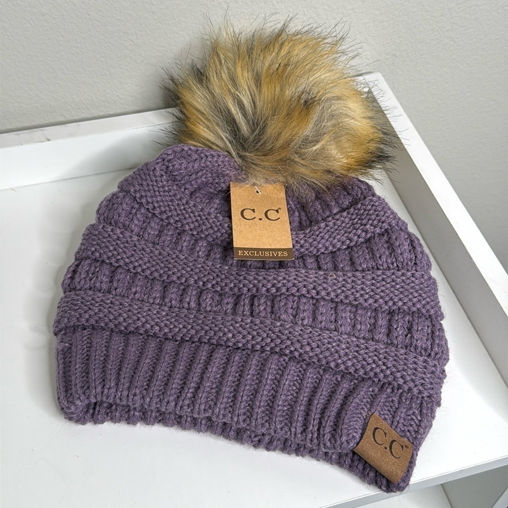 C.C. Faux Fur Pom Knit Beanie in Purple One Size NWT